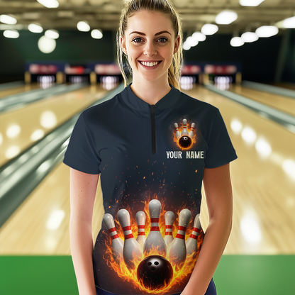Custom Flaming Bowling Shirt for Men Women Fire Bowling Polo Shirts & Quarter Zip MBL83