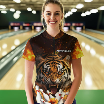 Flames Bowling Shirts Tiger Bowling Jersey Quarter-Zip Bowling Team League QZT634