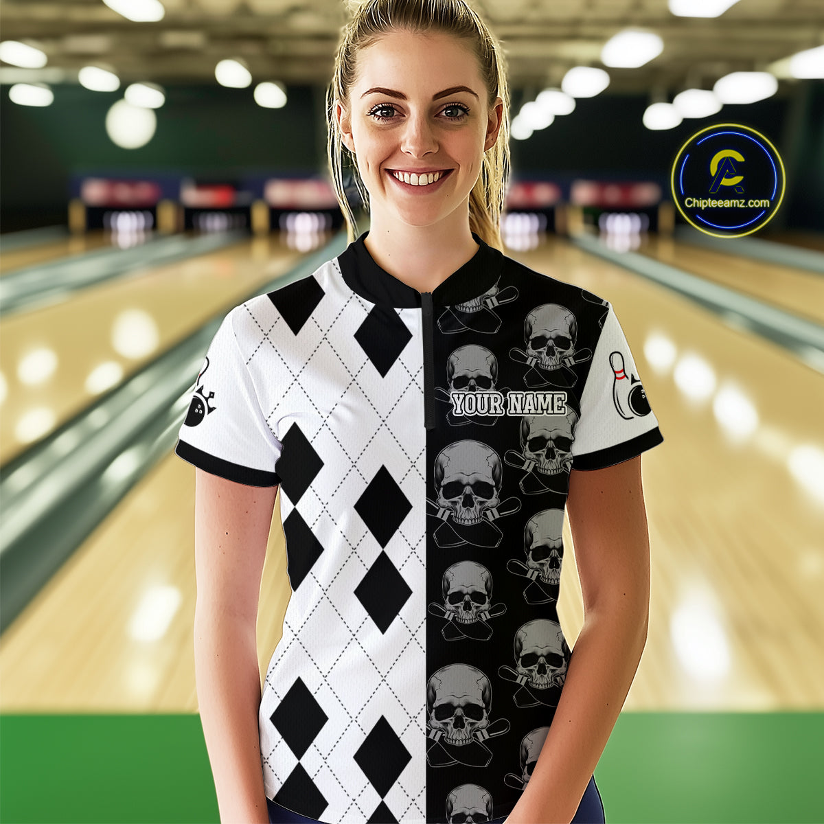 Black & White Bowling Shirt Custom Skull Quarter-Zip Bowling Jersey Gift for Bowlers QZT693