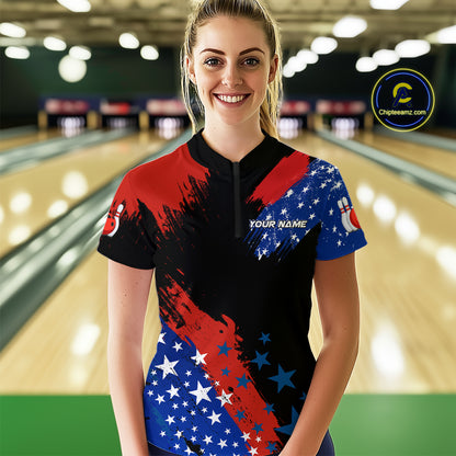 American Flag Bowling Shirt Personalized Patriotic Quarter-Zip Bowling Team League Gift for Bowlers QZT691