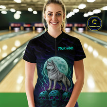 Load image into Gallery viewer, Teal And Purple Wolf &amp; Skull Bowling Team Shirt for Women Custom Bowling League Jersey Bowling Unisex QZT750