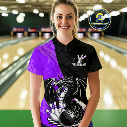 Custom Purple Dragon Bowling Women Shirts Bowling Uniform Polo & 1/4 Zip Bowling Team Jerseys HNT103