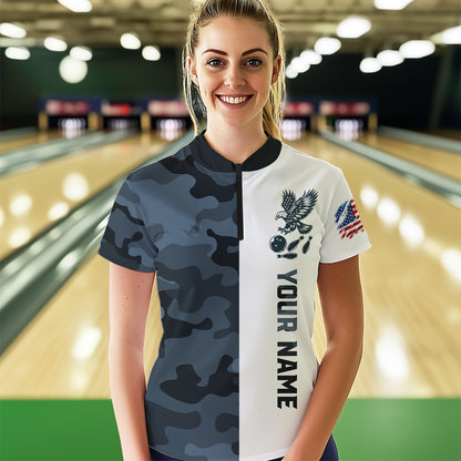 Camouflage Bowling Shirt Custom Eagle Bowling Team Jersey Patriotic Quarter-Zip Shirt QZT676