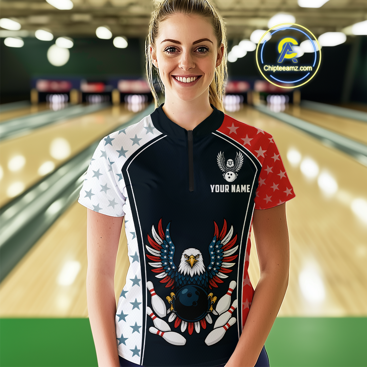 Eagel US Flag Bowling Custom Women Bowling Shirt Polo & Quarter-Zip Bowling Team Jerseys HNT57
