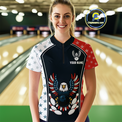 Eagel US Flag Bowling Custom Women Bowling Shirt Polo & Quarter-Zip Bowling Team Jerseys HNT57