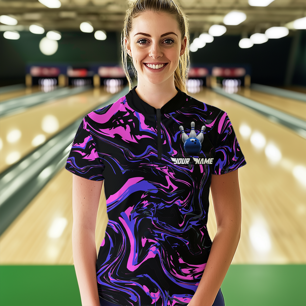 Pink Purple Bowling Custom Women Bowling Shirt Polo & Quarter-Zip Bowling Team Jerseys HNT48