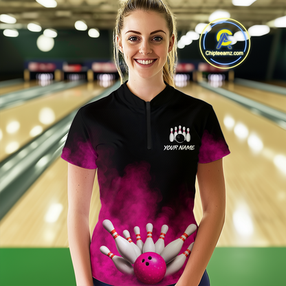 Pink Smoke Bowling Shirts for Men Women Team Personalized Bowling Polo and Quarter Zip MBL130