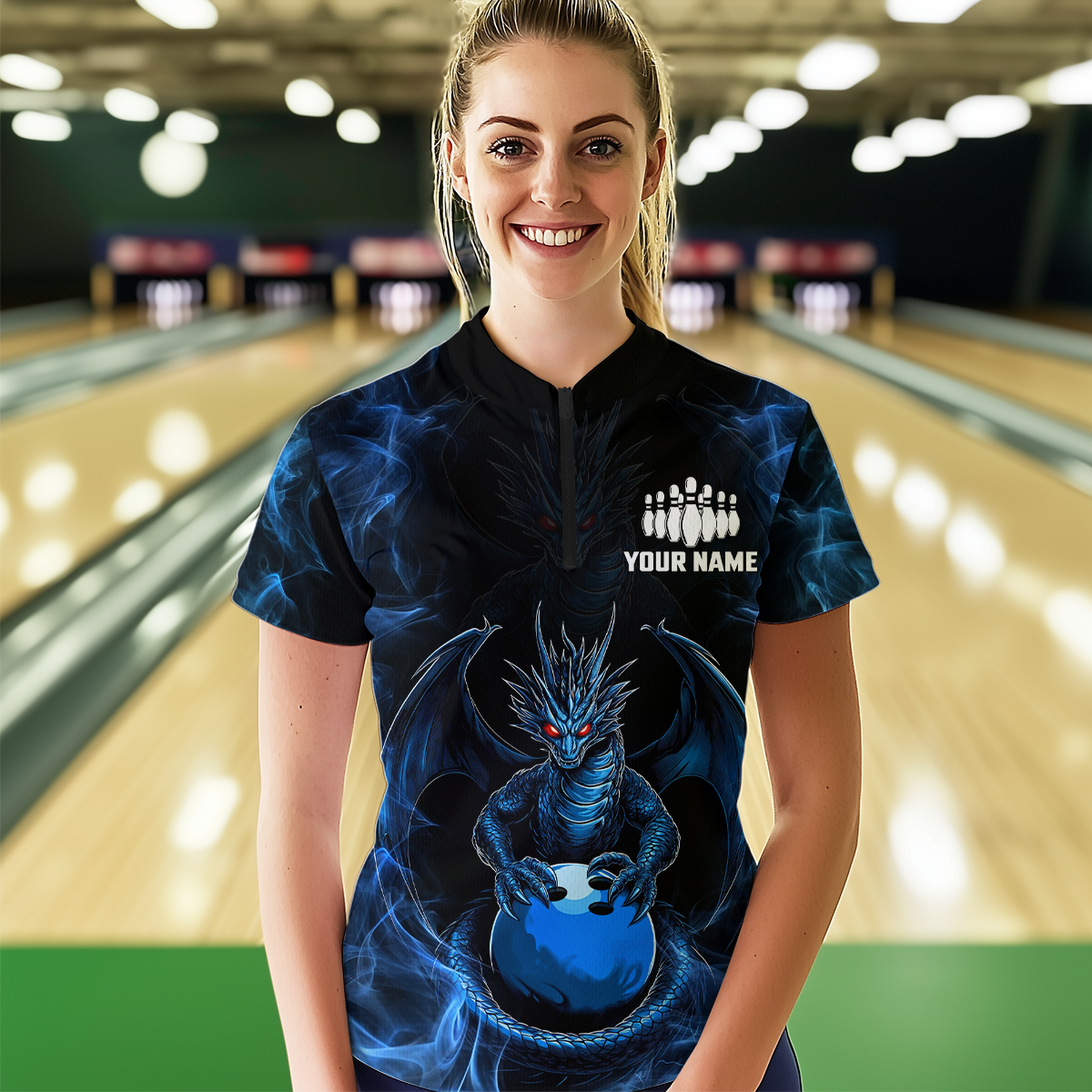 Blue Dragon Custom Name Bowling Shirts For Women, Bowling Team Jersey Polo & Quarter-Zip Shirt HNT39
