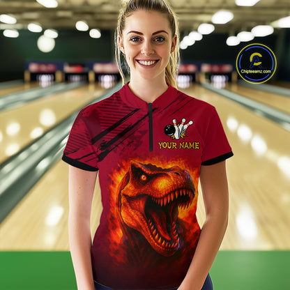 Red Dinosaur Bowling Custom Women Bowling Shirt Polo & Quarter-Zip Bowling Team Jerseys HNT72