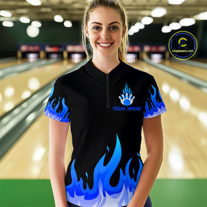 Custom Blue Flame Bowling Shirts for Women Polo & Quarter-Zip Bowling Team Jerseys HNT82