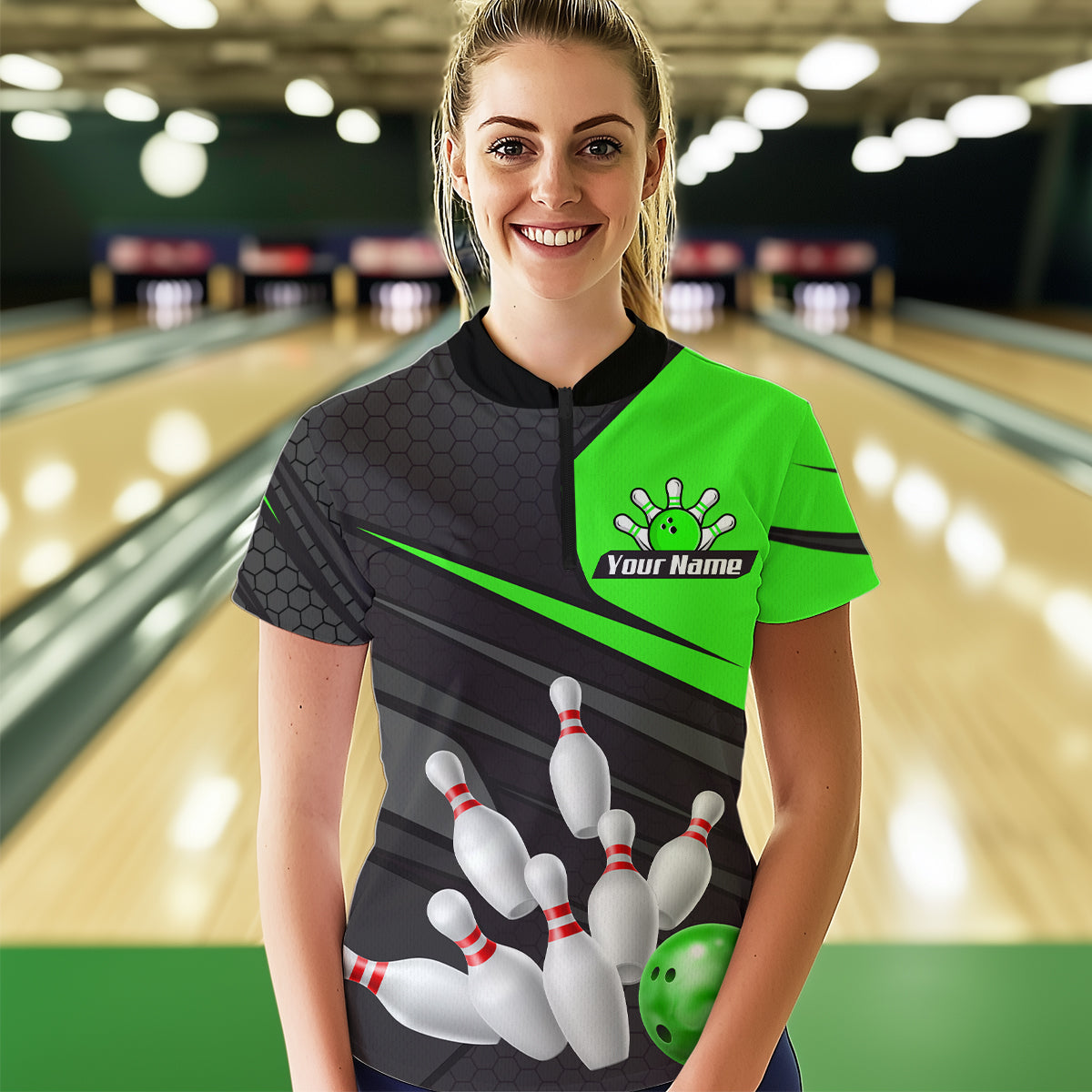 Green Bowling Shirt for Men&Women Team Bowling Jersey Colorful Bowling Polo & 1/4 Zip MBL49