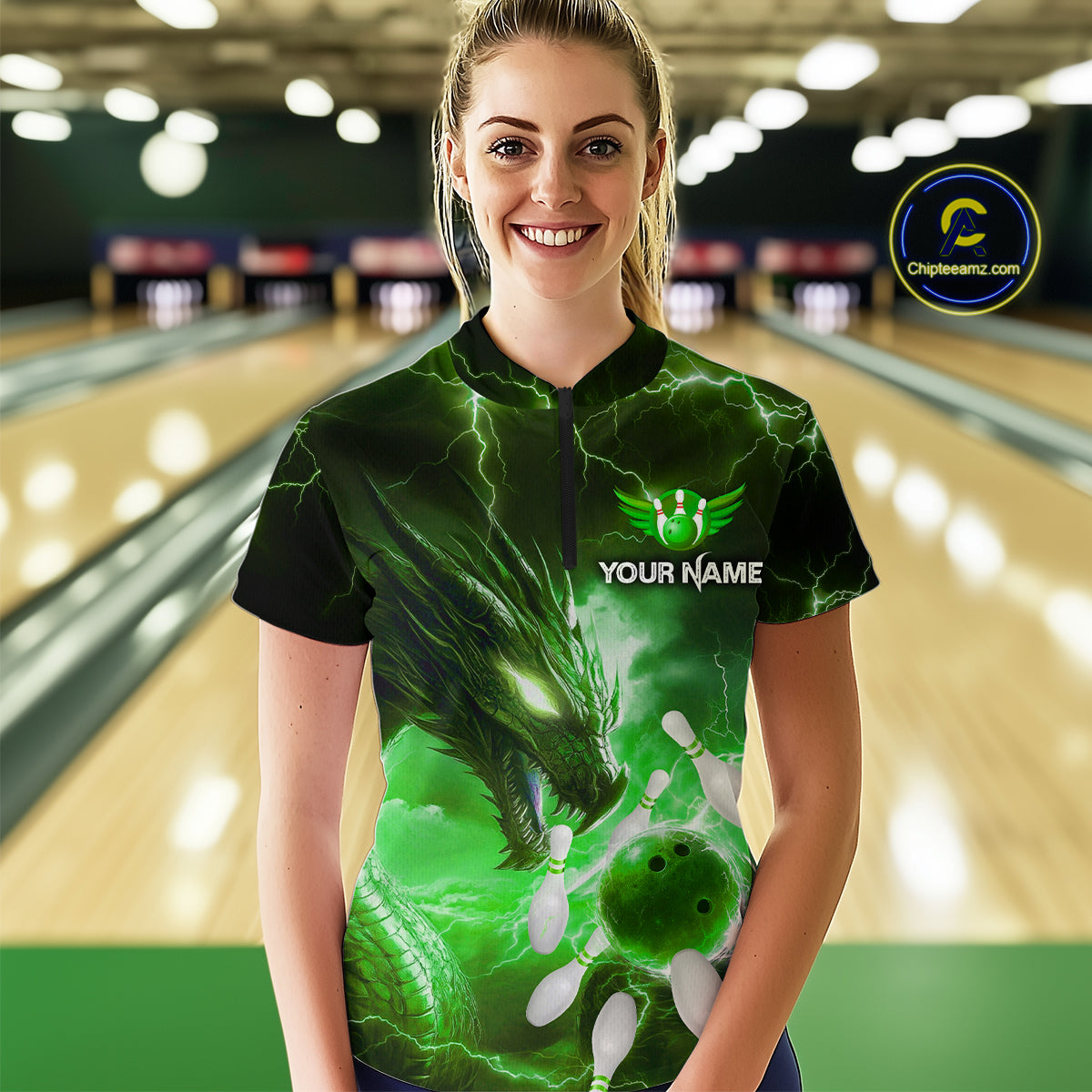 Custom Dragon Bowling Shirt Green Thunder Bowling Jersey for Men Women Team MBL82