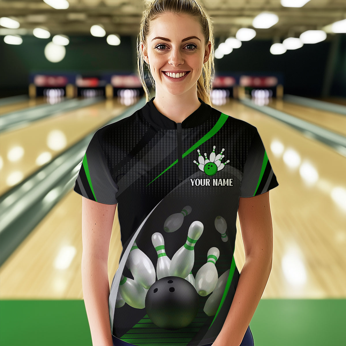 Green Bowling Shirts for Men Women Team Custom Bowling Polo & Quarter Zip Shirt MBL71