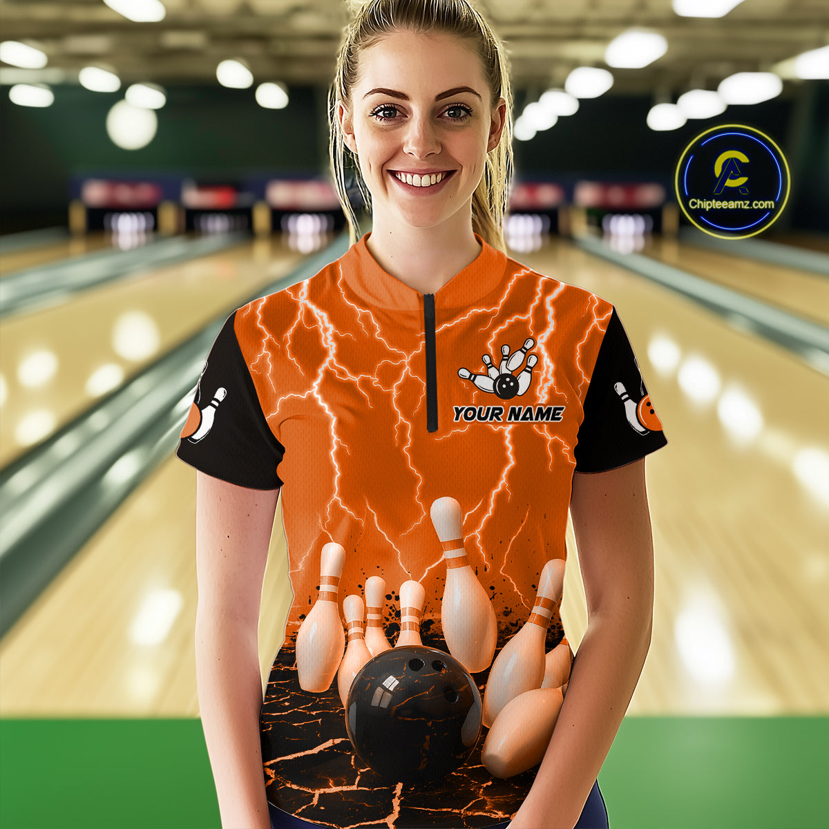 Orange Thunder Lightning & Lava Bowling Shirt for Men Women Team Bowling Jersey MBL92