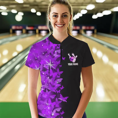 Purple Butterfly Bowling Shirts For Men Women Custom 1/4 Zip Bowling Jersey Team BDT505