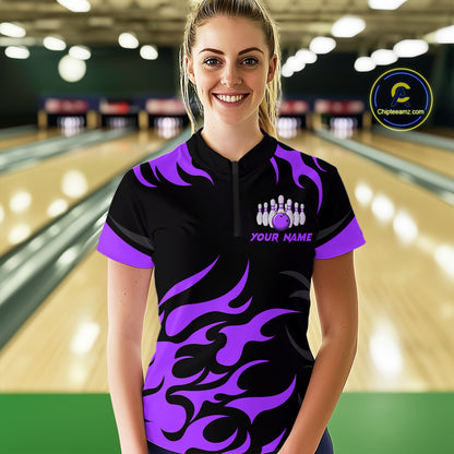Black and Purple Flame Bowling shirts for Women Custom team bowling jerseys, ladies bowling apparel NQS10269