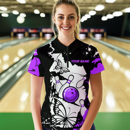 Custom Purple Butterflies Bowling Shirt for Men Women Team Bowling Polo&Quater Zip MBL76