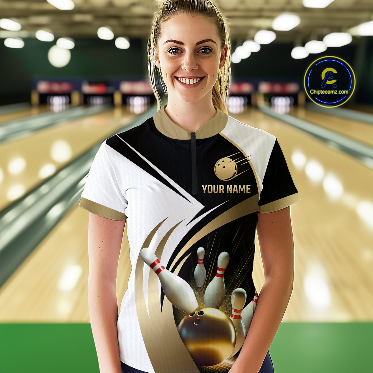 Gold Bowling Custom Women Bowling Shirt Polo & Quarter-Zip Bowling Team Jerseys HNT61