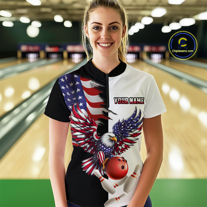 American Eagle Quarter-Zip Bowling Shirt Custom Black & White Bowling Jersey for Men And Women QZT686
