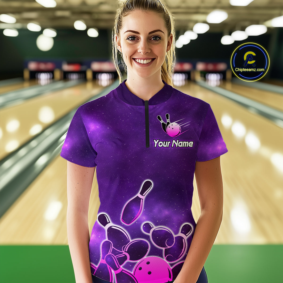 Purple Neon Bowling Shirts for Women Men Custom Team Bowling Polo & Quarter Zip MBL127