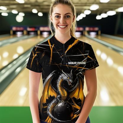 Black & Gold Dragon Bowling Shirt Custom Quarter-Zip Bowling Jersey for Men Women QZT682