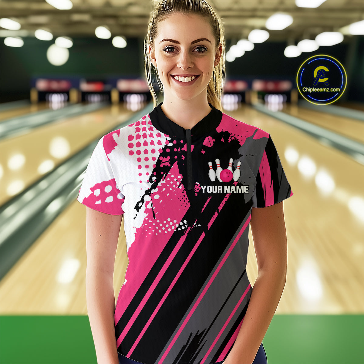 Custom Pink Bowling Shirts for Men Women Team Bowling Polo and Quarter Zip MBL104