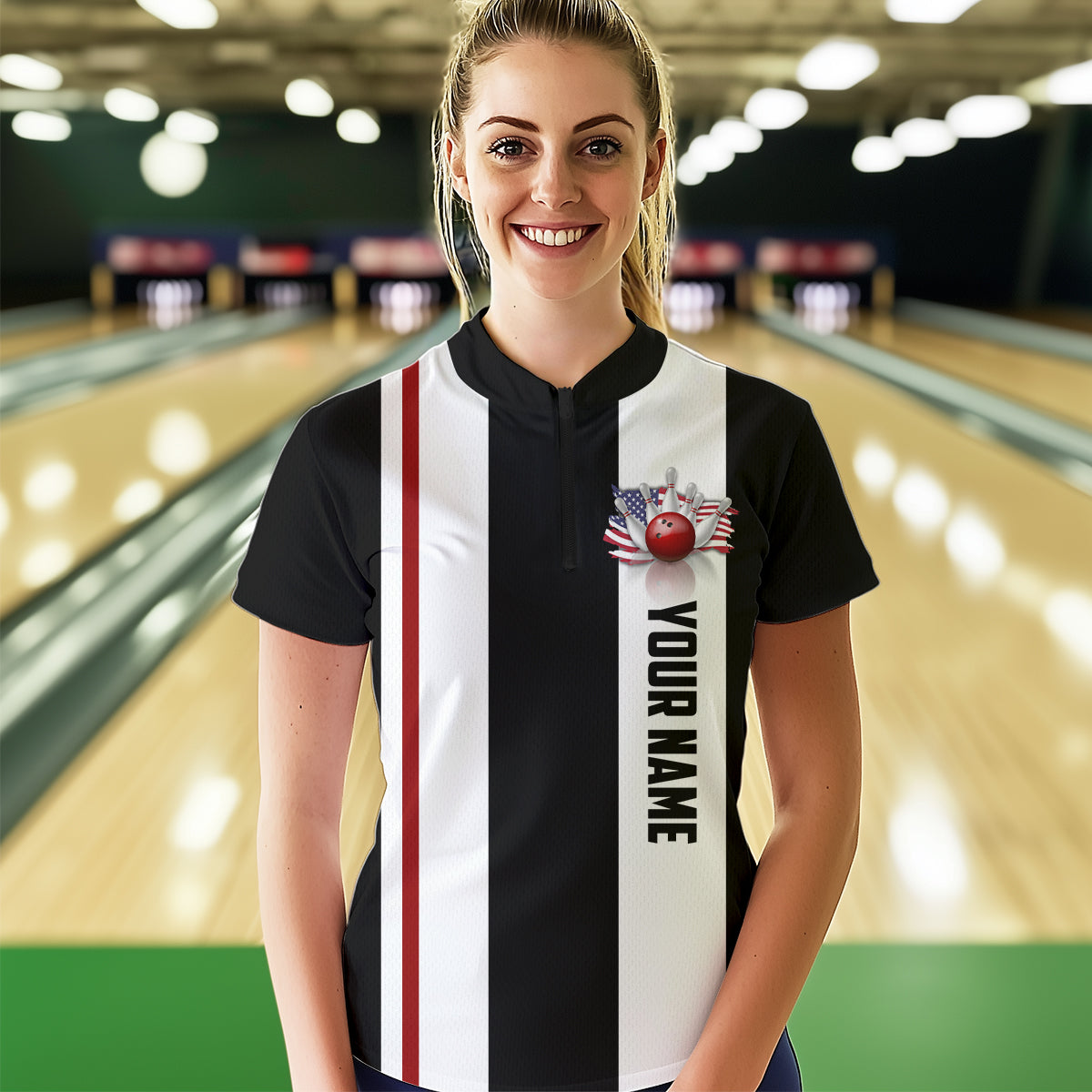 American Flag Bowling Shirt Patriotic Bowling Jersey for Men Women Bowling Polo&1/4 Zip MBL29