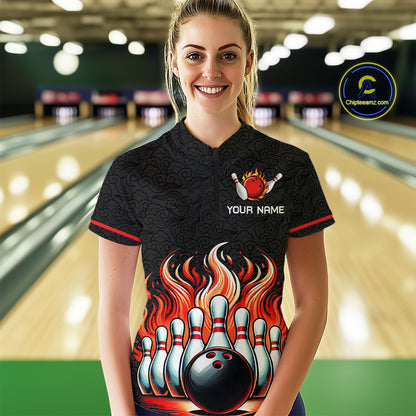 Flame Bowling Custom Women Bowling Shirt Polo & Quarter-Zip Bowling Team Jerseys HNT56