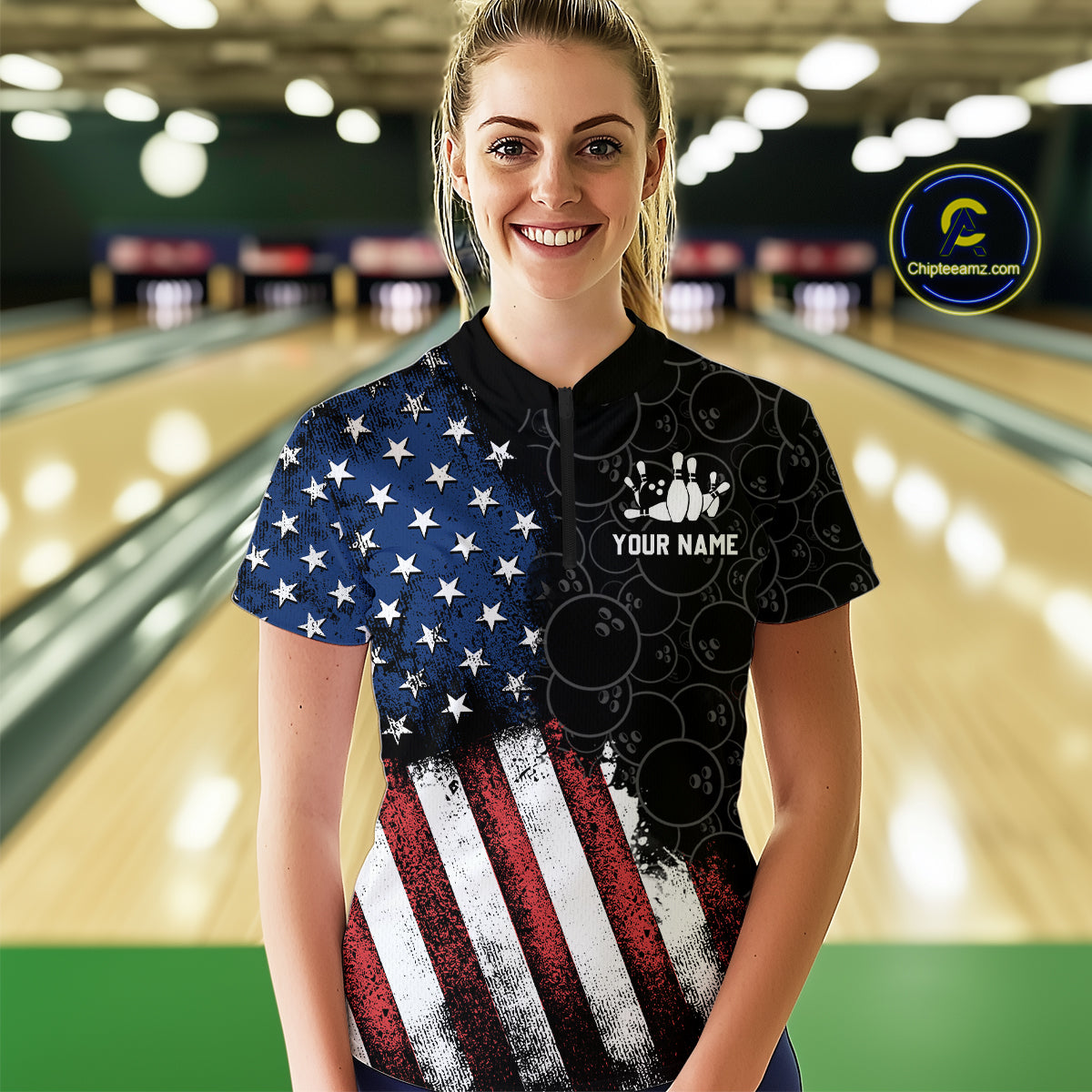 Personalized American Bowling Shirt Quarter-Zip Bowling Jersey Patriotic Bowling Outfit QZT684