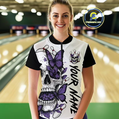 Purple Butterfly Skull Bowling Women Bowling Shirt Polo & Quarter-Zip Bowling Team Jerseys HNT80