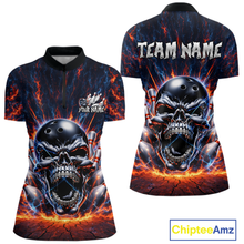 Load image into Gallery viewer, Custom Skull Bowling Jersey for Women - Flaming Strike Personalize Bowling Team Shirt Polo &amp; 1/4 Zip HNT215