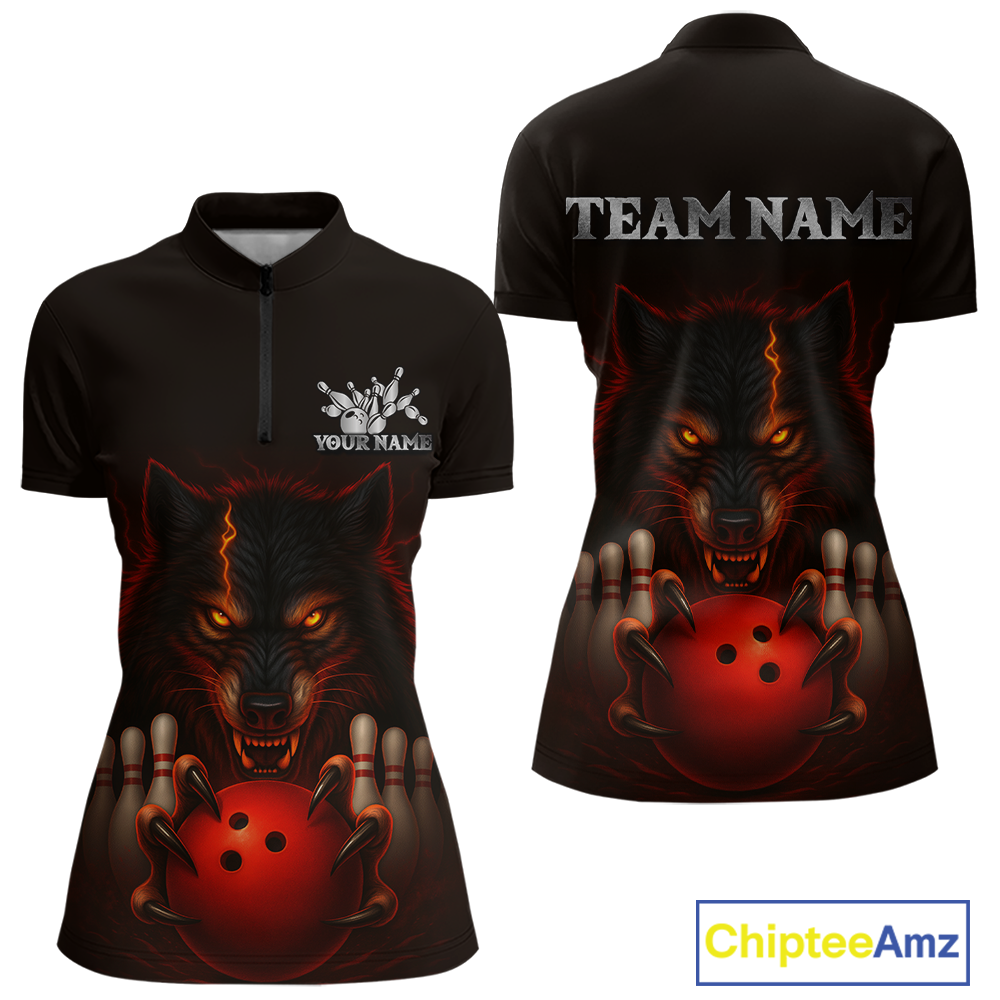 Red&Black Wolf Bowling Shirts for Team Women Men Custom Wolf Bowling Polo &1/4 Zip MBL196