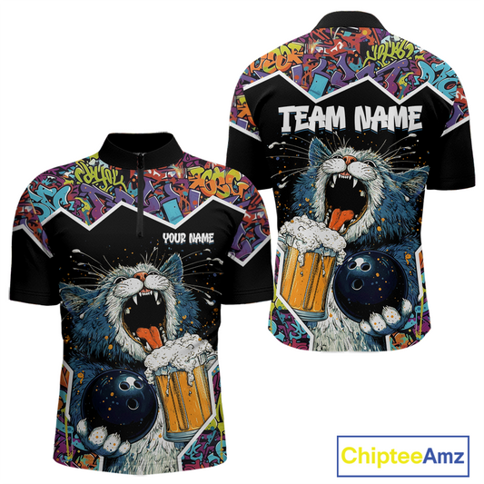 Custom Funny Cat Beer Bowling Jersey for Men Polo & 1/4 Zip Bowling Team Shirts HNT146