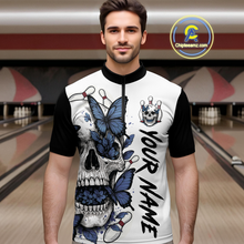 Load image into Gallery viewer, Blue Butterfly Skull Bowling Men Bowling Shirt Polo &amp; Quarter-Zip Bowling Team Jerseys HNT80