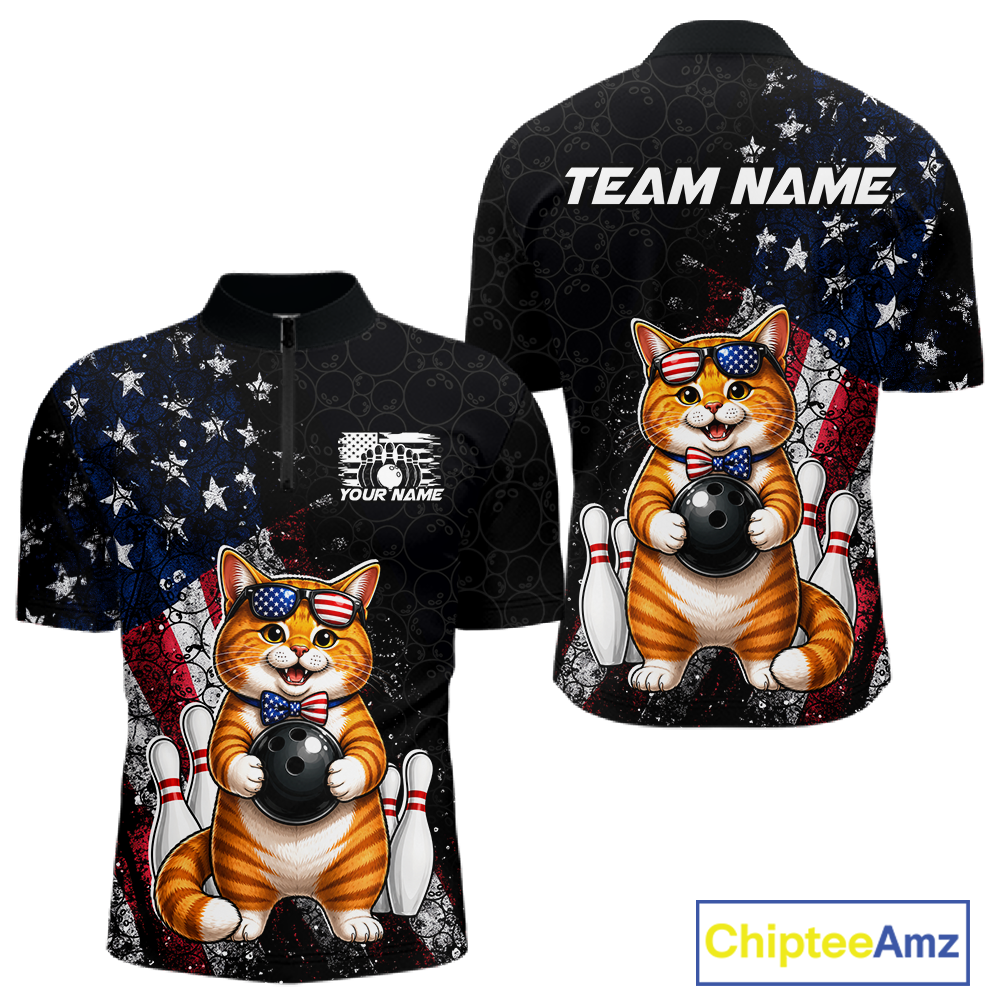 Men quarter zip bowling-themed shirt with a cat design, American flag pattern, and 'Team Name' text on a white background.