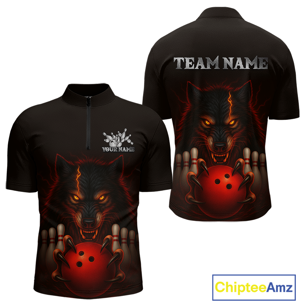 Red&Black Wolf Bowling Shirts for Team Women Men Custom Wolf Bowling Polo &1/4 Zip MBL196