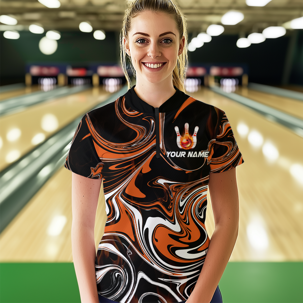 Custom Flame Bowling Shirt Orange Quarter Zip Bowling Shirt Unisex Bowling Outfits QZT602