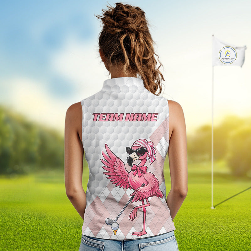 Pink Flamingo Golf Shirt For Women Sleeveless, Funny Argyle Patten Golf Polo Shirt, Ladies Golf Outfit For Team NHT731