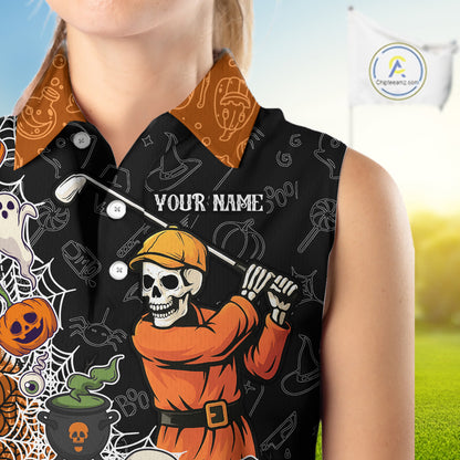 Halloween Skull Playing Golf Sleeveless Polo Shirt Custom black & orange Halloween ladies golf outfit NQS10341