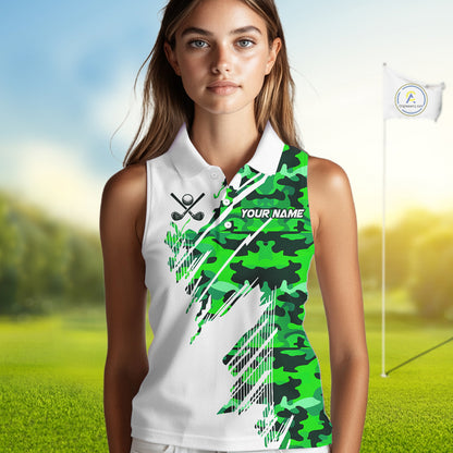 Personalized Women sleeveless golf polo shirt custom white and green camo ladies golf apparel NQS10334