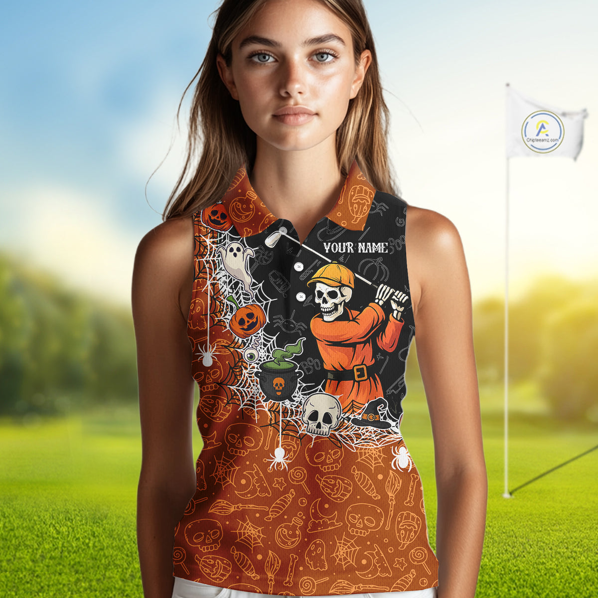 Halloween Skull Playing Golf Sleeveless Polo Shirt Custom black & orange Halloween ladies golf outfit NQS10341