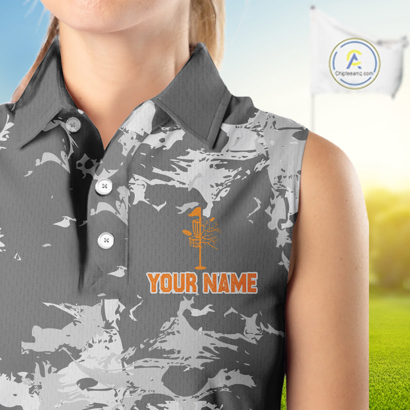 Gray Camo Orange Disc Golf basket Womens Disc golf sleeveless polo shirt Custom team disc golf jerseys NQS9975