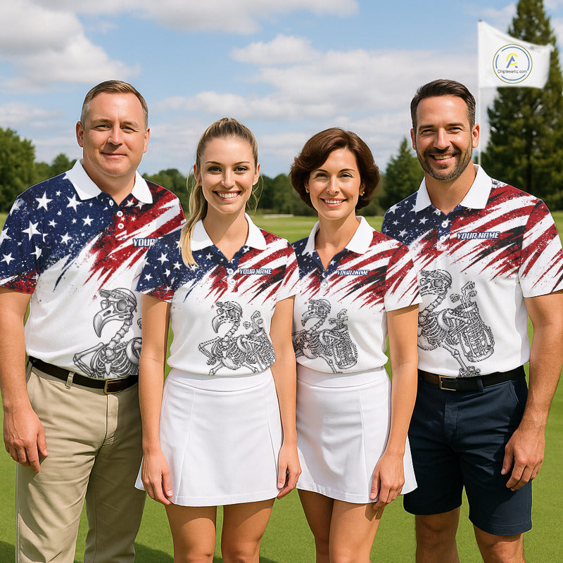 Patriotic Golf Polo Shirt – USA Flag Skull Flamingo Golfer Funny Golf Outfit For Womens NHT780