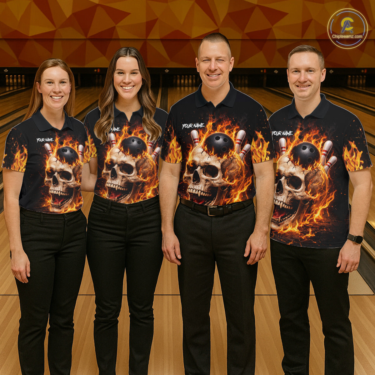 Flame Skull Bowling Polo, 1/4 zip shirts for Women custom Skull team Bowling uniforms league jerseys NQS11577