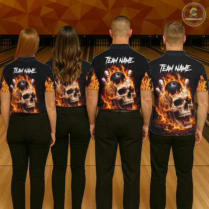 Flame Skull Bowling Polo, 1/4 zip shirts for Women custom Skull team Bowling uniforms league jerseys NQS11577