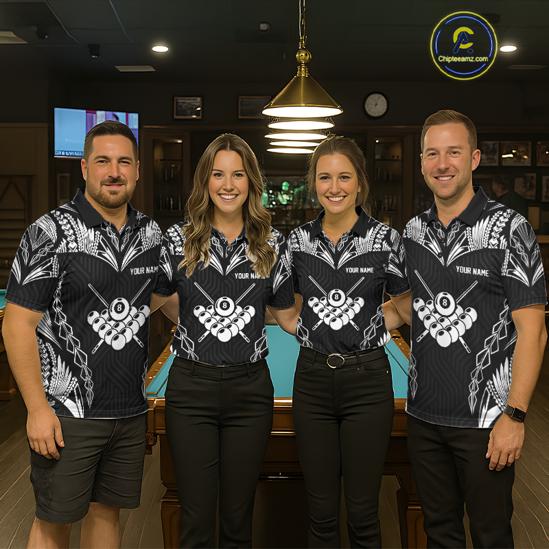 Custom 8 Ball Tribal Pattern Billiard Shirts for Men Billiard Team Shirts Billiard League Polo & 1/4 Zip NNT95