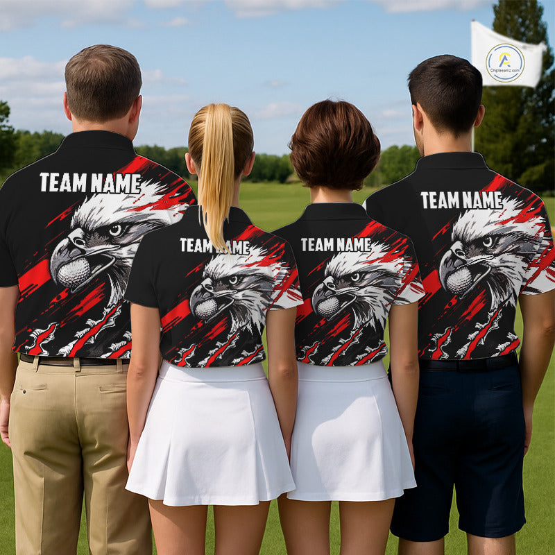 Mens Golf Polo Shirts Custom Red And Black Grunge Pattern Eagle Golf Shirts For Men, Golf Apparel NHN0062
