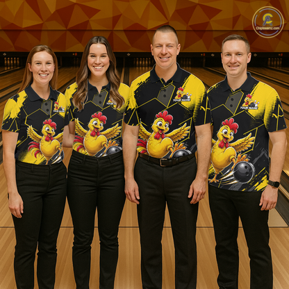 Custom Black & Yellow Funny Chicken Bowling Shirt for Women Bowling Team Jersey Polo & 1/4-Zip QZT1010