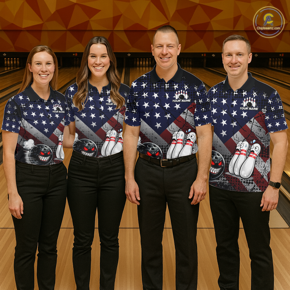 Custom American Flag Funny Bowling Team Shirt for Women Polo & Quarter-Zip Bowling Jersey Blue Red White QZT928