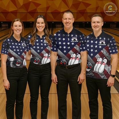 Custom American Flag Funny Bowling Team Shirt for Women Polo & Quarter-Zip Bowling Jersey Blue Red White QZT928